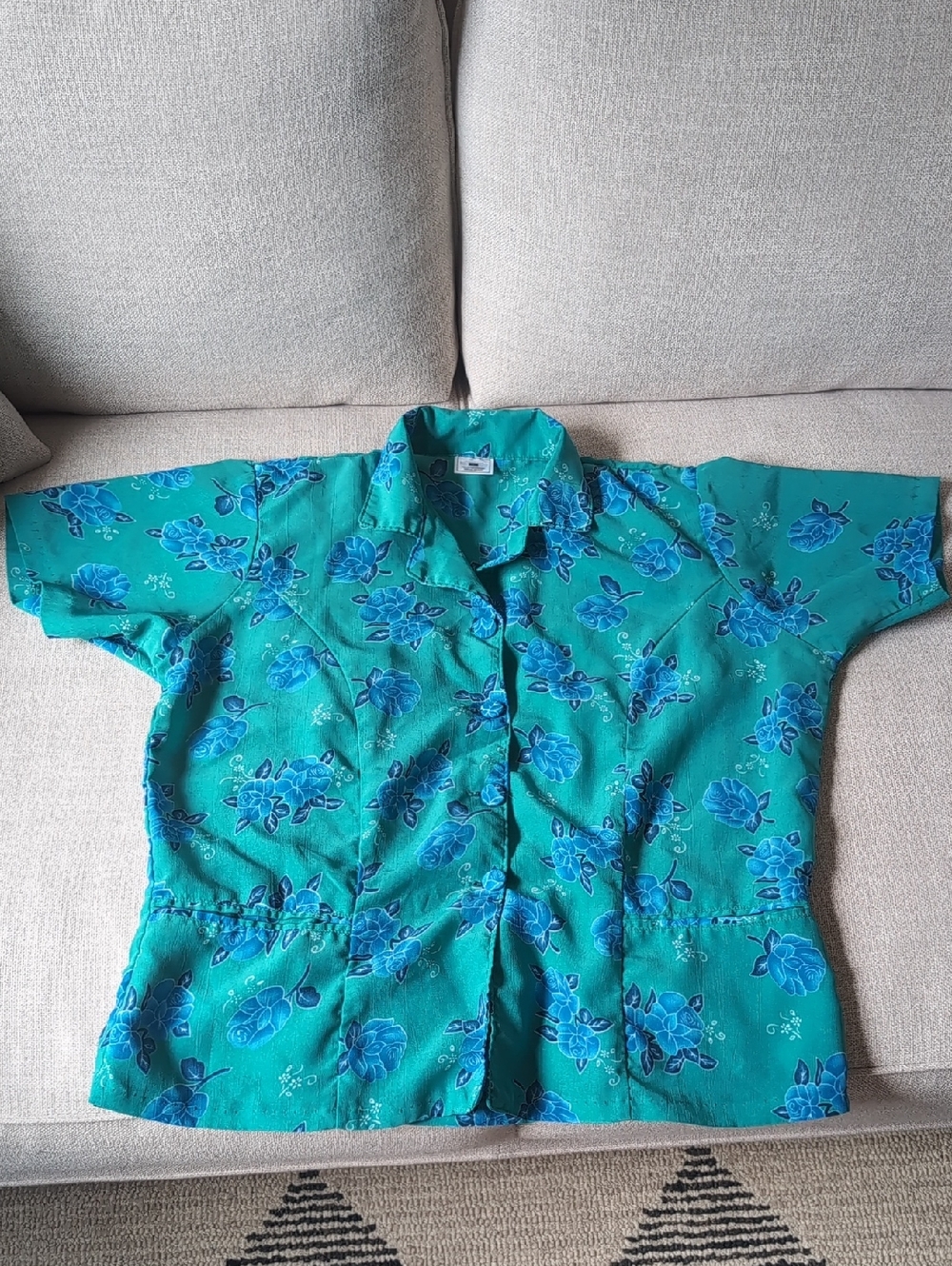 Vintage Teal Button-Down Shirt with Blue Floral Print